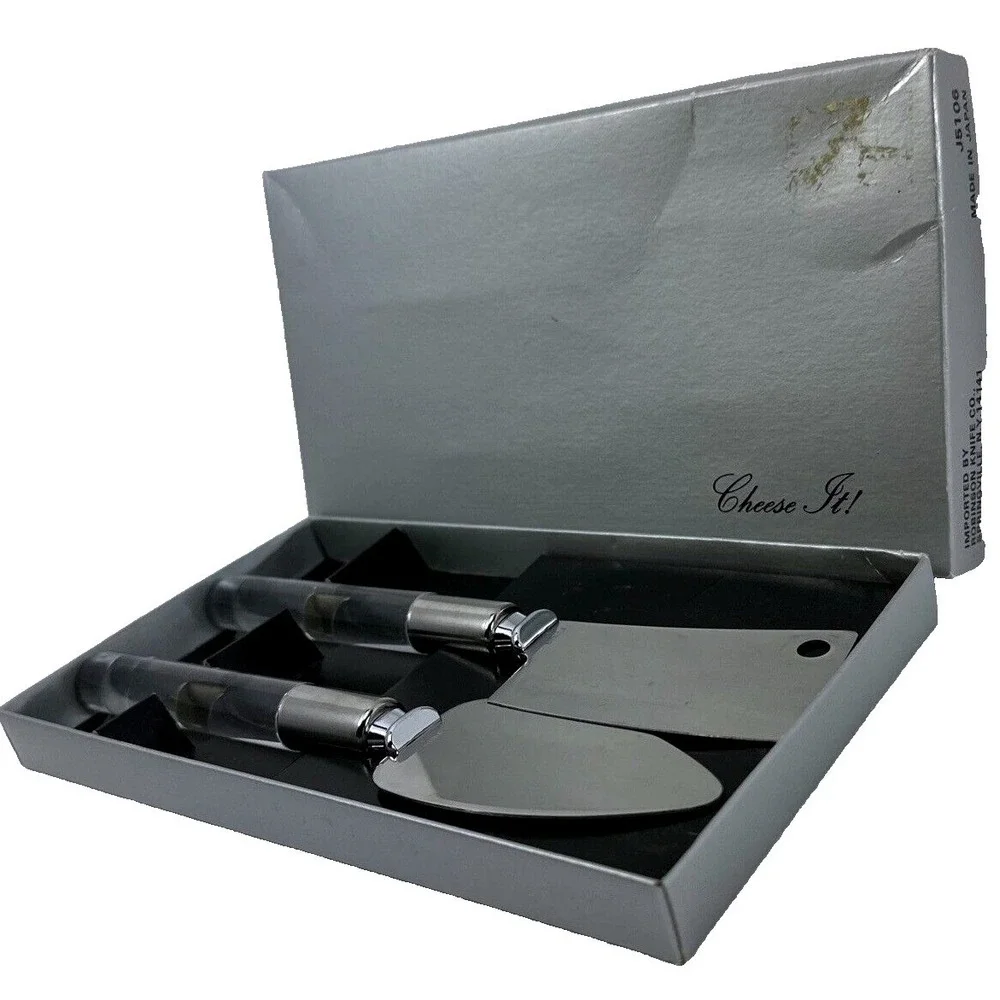Cheese Knife Set Stainless Steel Acrylic Handle 2 Pc Slicer Spreader‎ Boxed